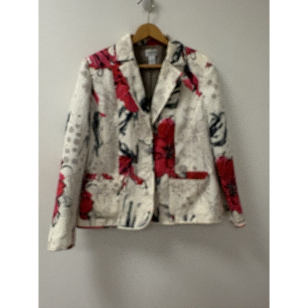Chico's Embellished Floral Silk Blend Textured Lined Blazer Jacket Size 1 (M)
